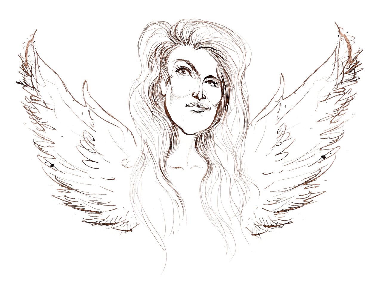 Angela Carter, English novelist and journalist; caricatured with wings in reference to her novel Nights at the Circus by Neale Osborne