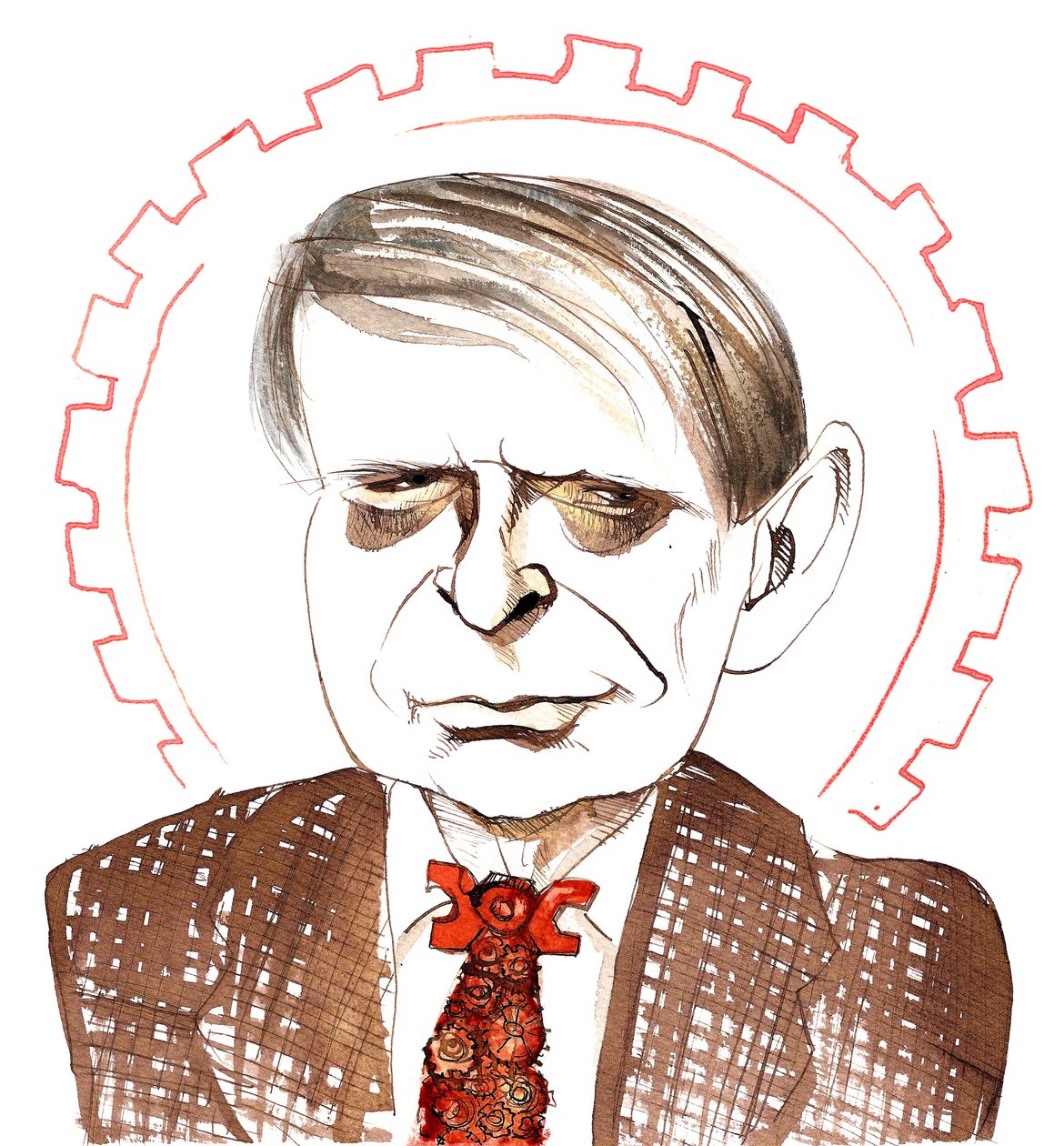 Anthony Burgess, English novelist, critic, poet, playwright, translator and composer; caricatured with clockwork orange tie, with reference to his novella A Clockwork Orange by Neale Osborne