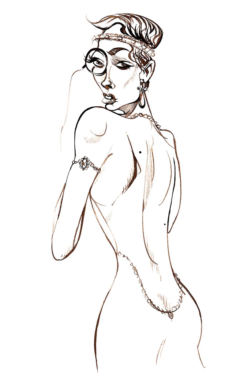 Model wearing a backless dress and a monocle by Neale Osborne