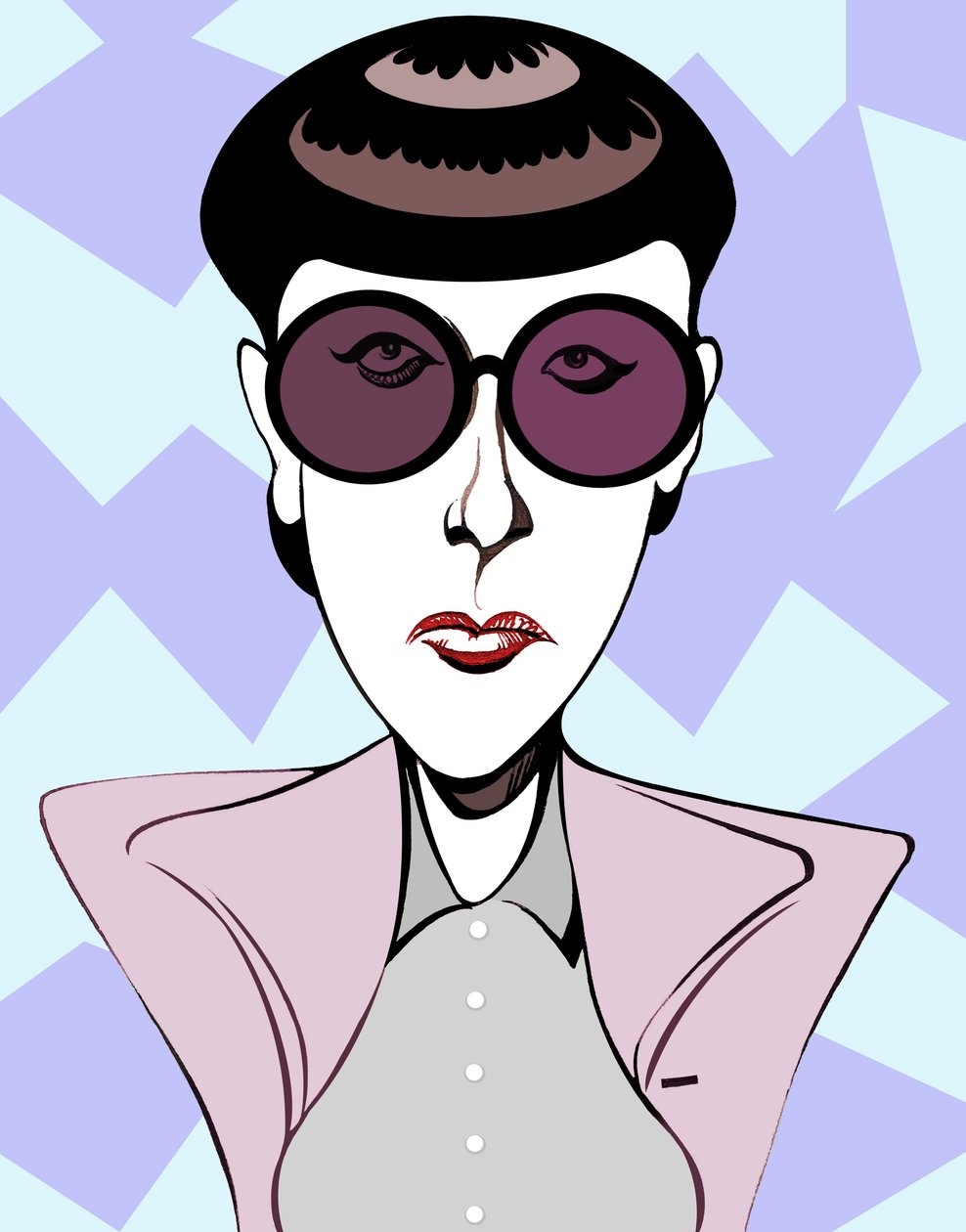 Edith Head, American costume designer, colour caricature with dark glasses by Neale Osborne