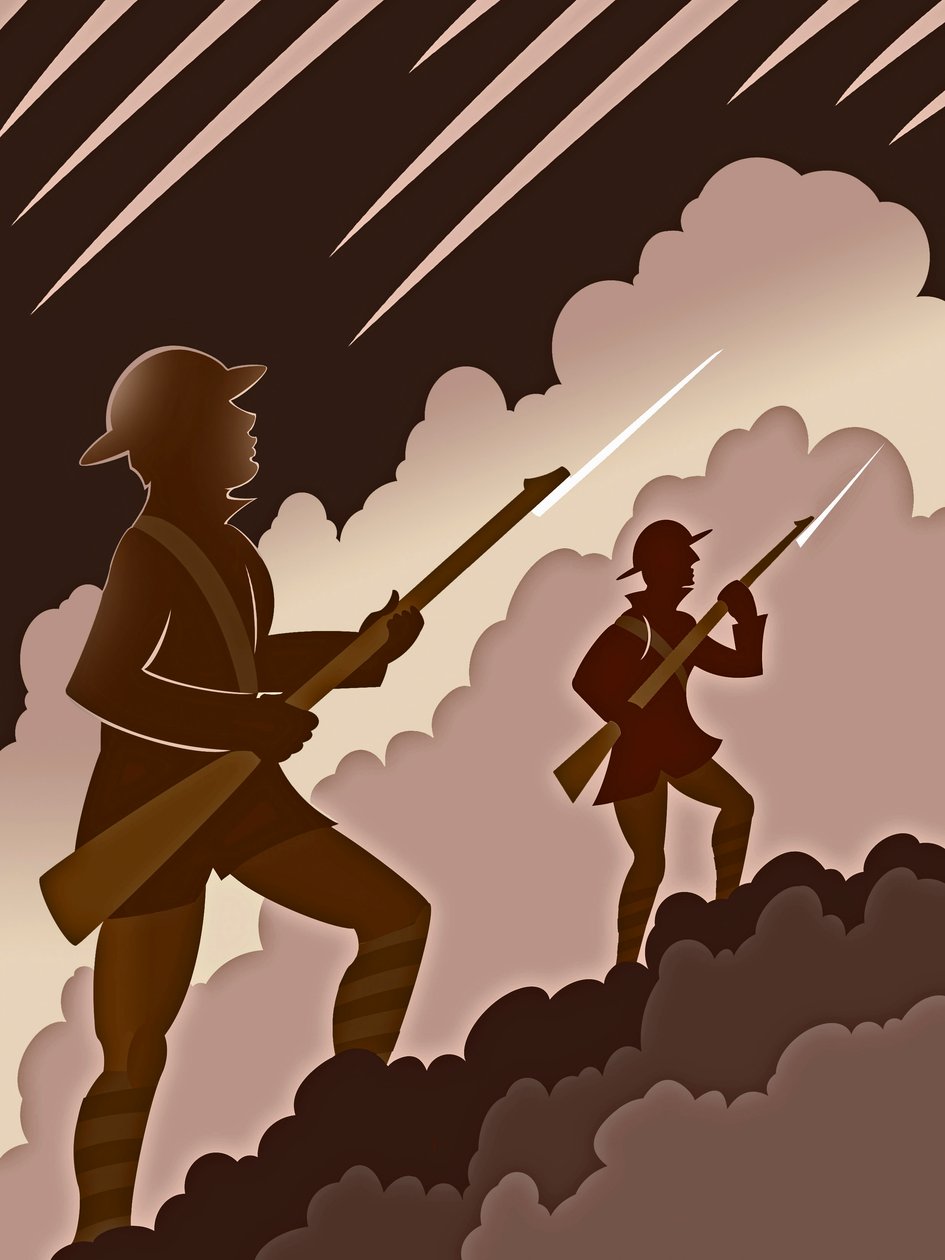 World War One soldiers with bayonets - emerging from trenches by Neale Osborne