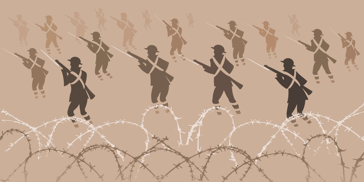 World War One Soldiers with Bayonets - Emerging from Trenches by Neale Osborne