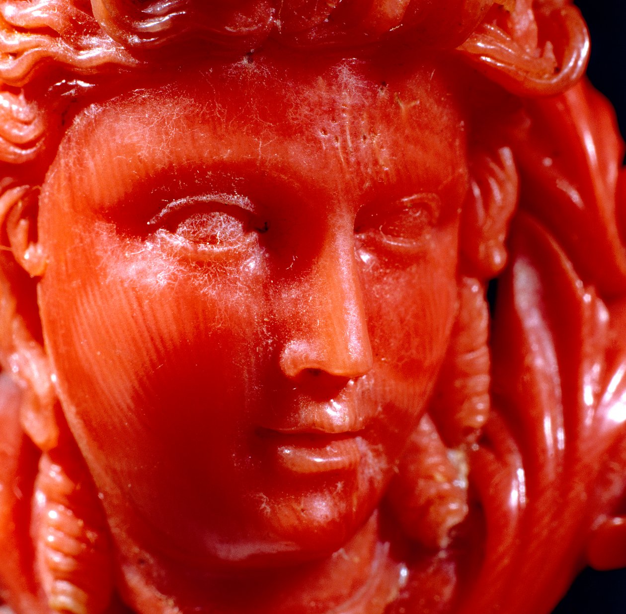 Pendent of a classical head and anaphora in Mediterranean coral and gold (detail) by Neapolitan School