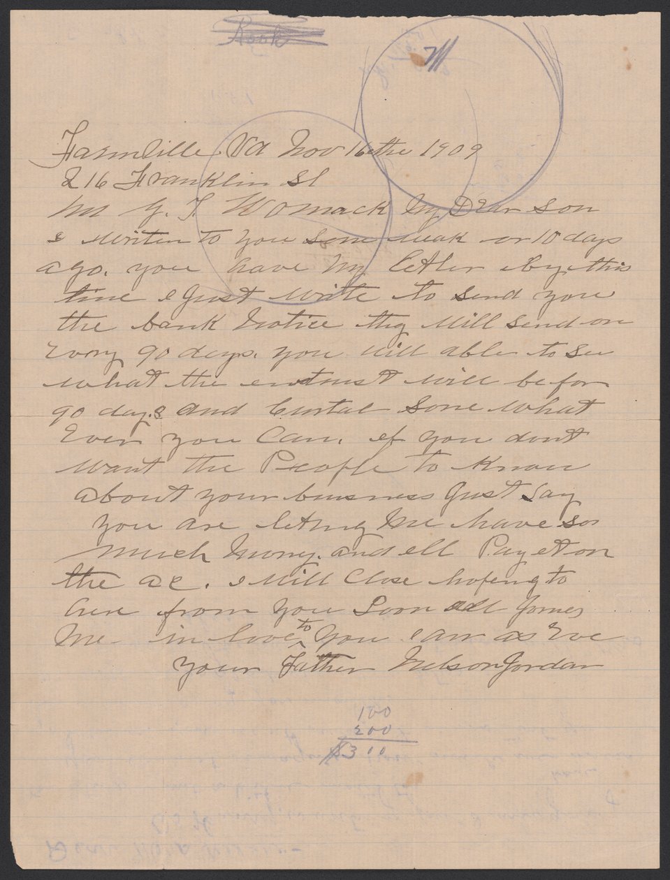 Letter from Nelson Jordan to Julia Womack with an envelope by Nelson Jordan