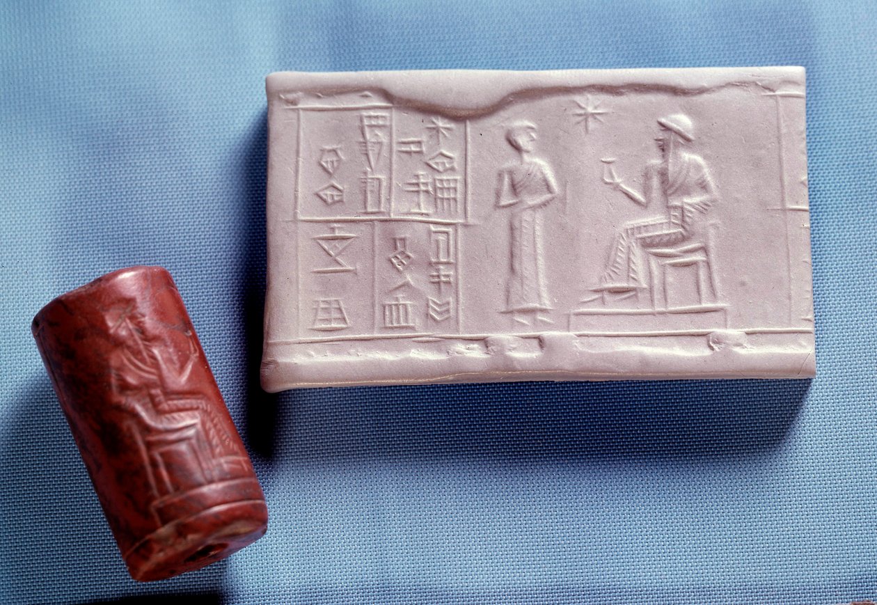 Mesopotamia: Quarz stone seal and molding representing a figure speaking to a deity by Neo Sumerian