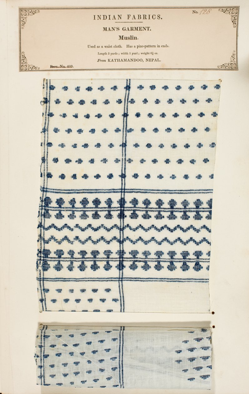 Muslin sample from Kathamandoo in Nepal, from The Collection of the Textile Manufacturers of India, by John Forbes Watson, published in 1866 by Nepalese School