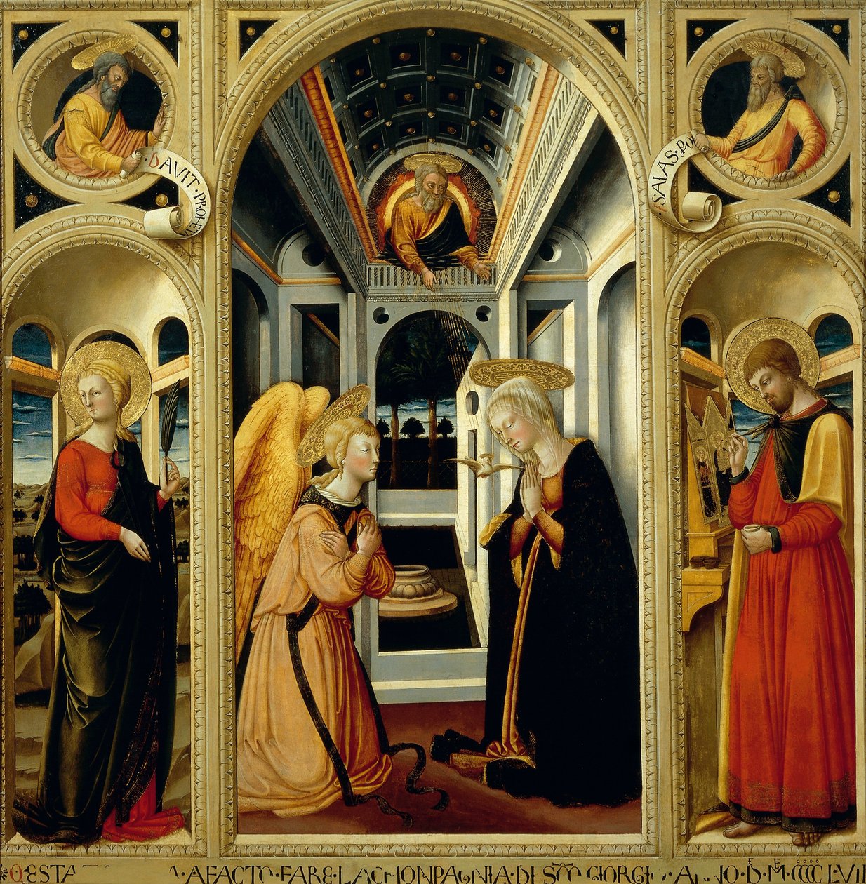 Annunciation showing St Apollonia, St Luke and prophets David and Isaiah by Neri di Bicci