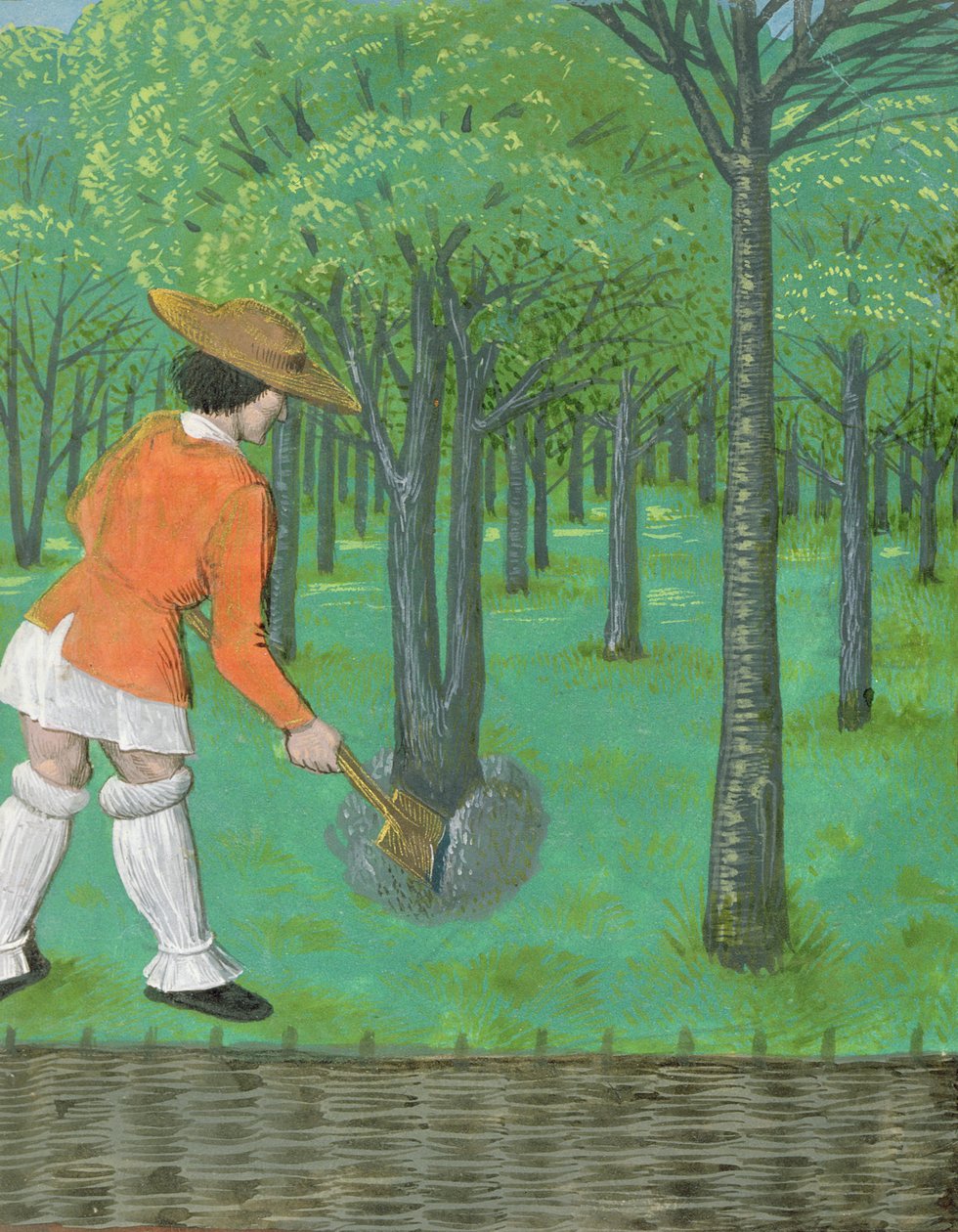 Man with a spade in an orchard, from 
