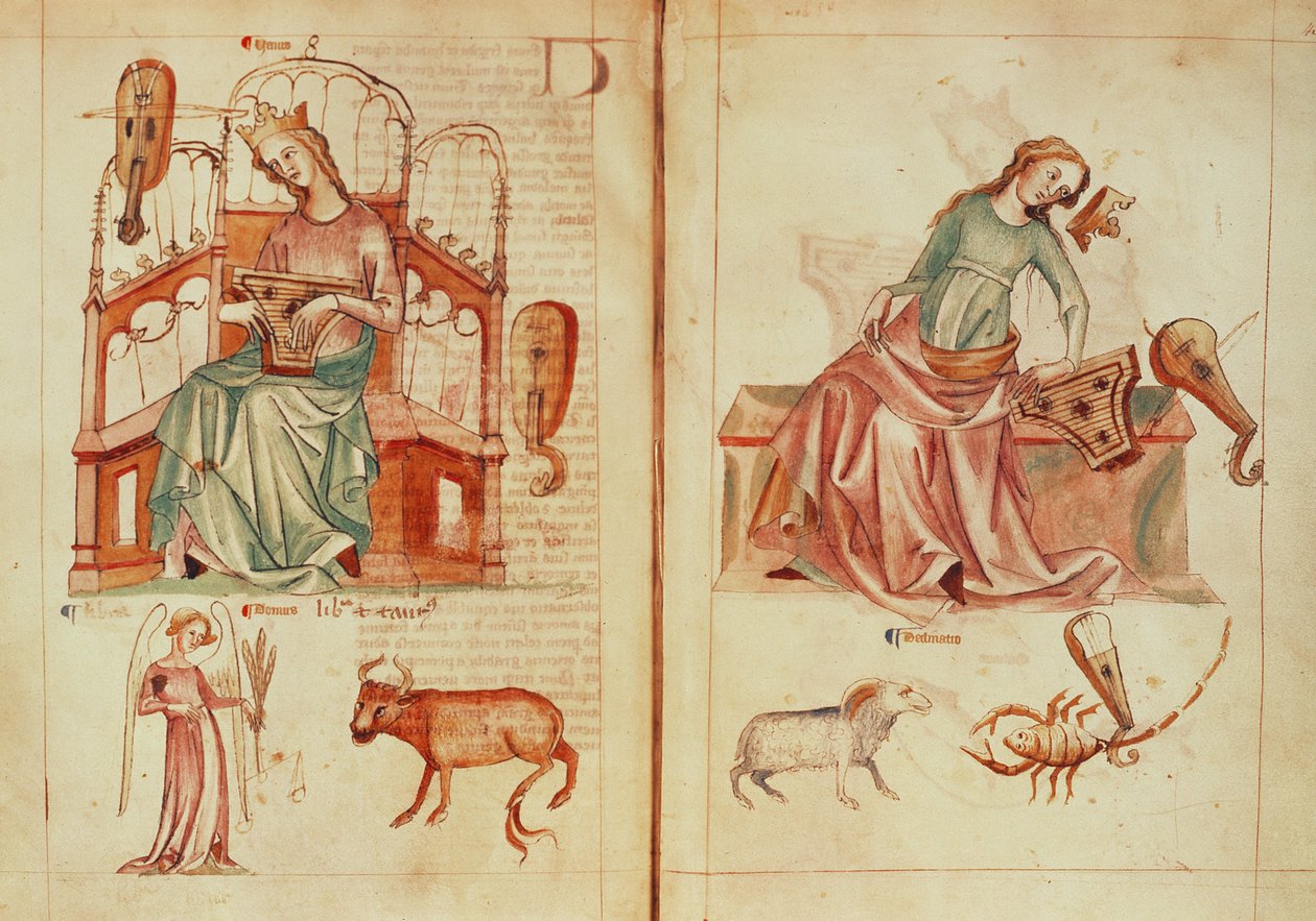 Venus playing an instrument with her ruling signs and in detriment, from 