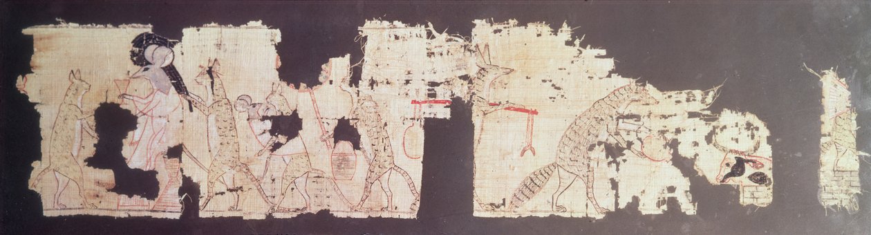 Satirical Papyrus Depicting a Mouse Being Served by Cats by New Kingdom Egyptian