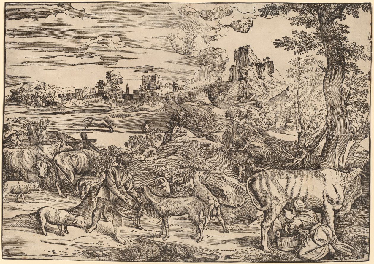 Landscape with a Milkmaid by Niccolò Boldrini after Titian
