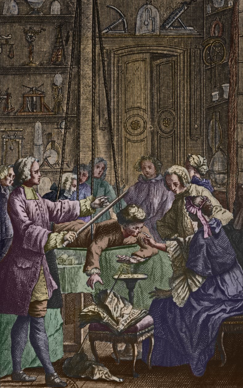 Electrical Experiment Made on a Man by Abbe Jean Antoine Nollet in a Physicist Cabinet, Frontispiece Illustration from Essai sur l