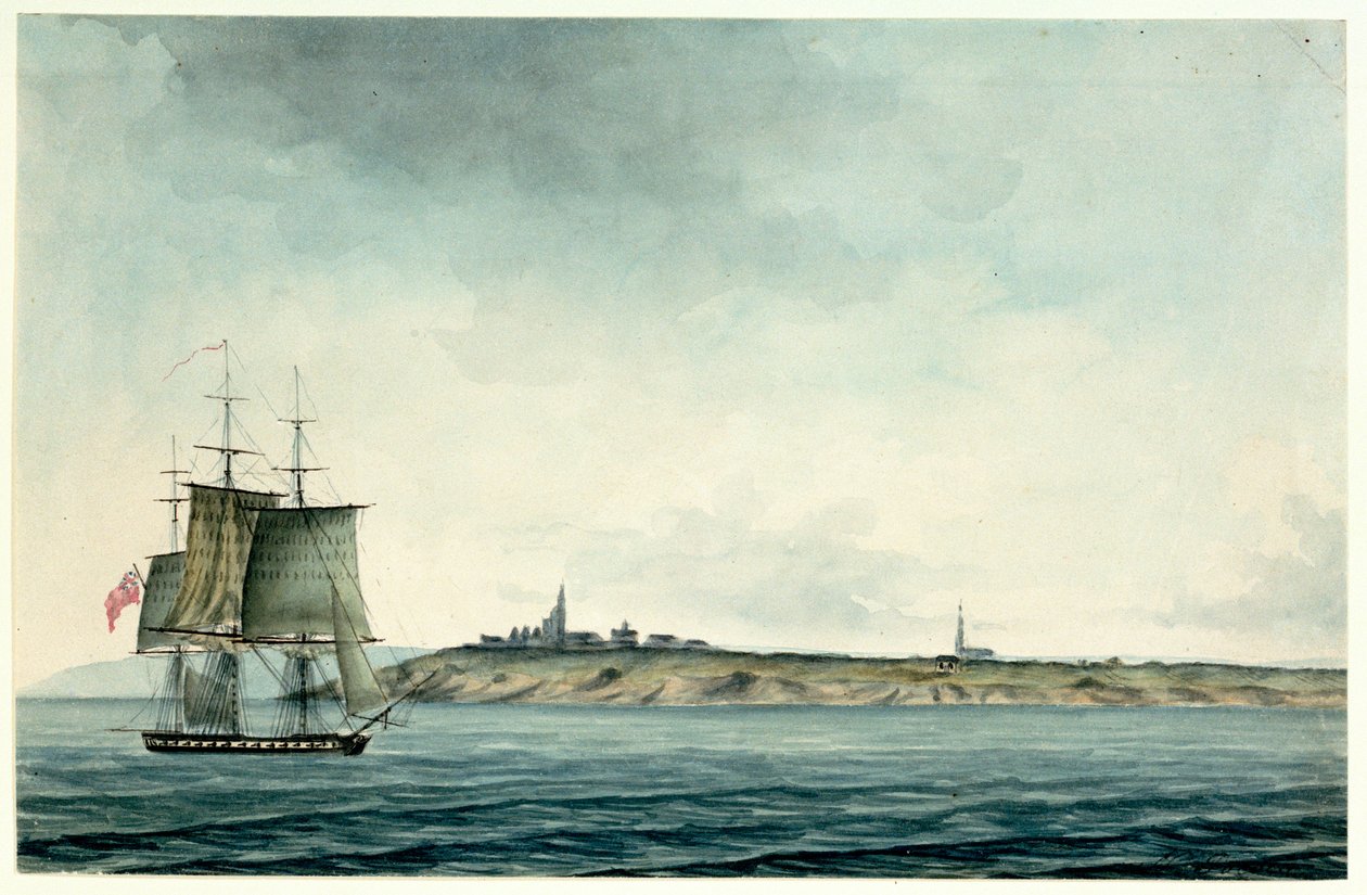 Sixth-rate HM ship sailing past the English coast by Nicholas Pocock