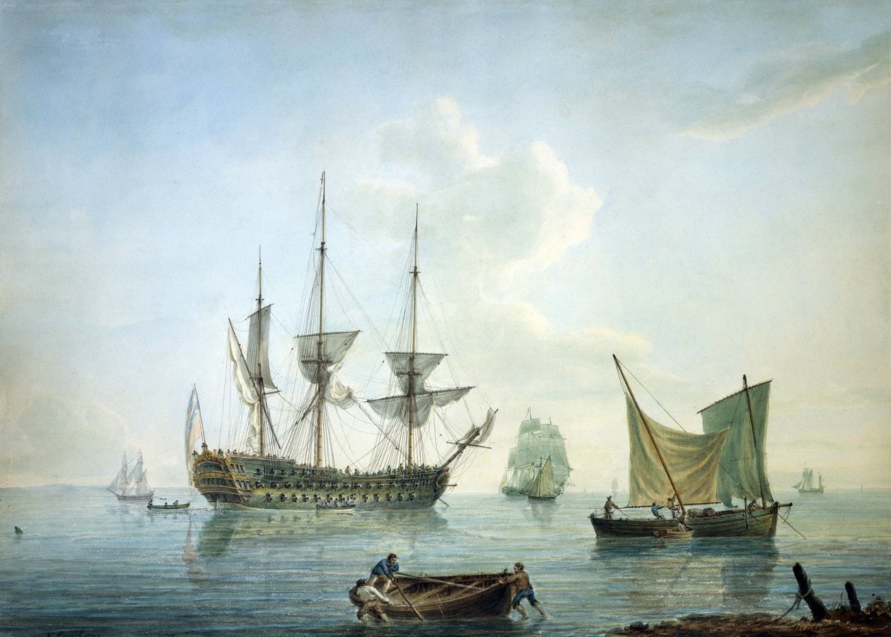 Third-class frigate (70 cannons), a fishing boat and other boats off the south coast of England by Nicholas Pocock