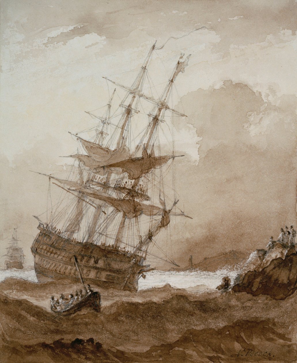 Two-decker in a gale off shore by Nicholas Pocock