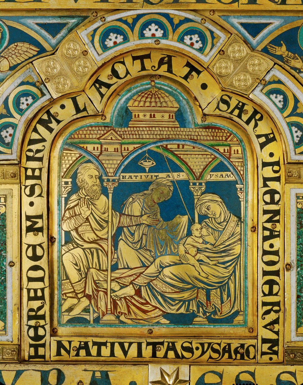 Isaac is born to Abraham and Sarah by Nicholas of Verdun