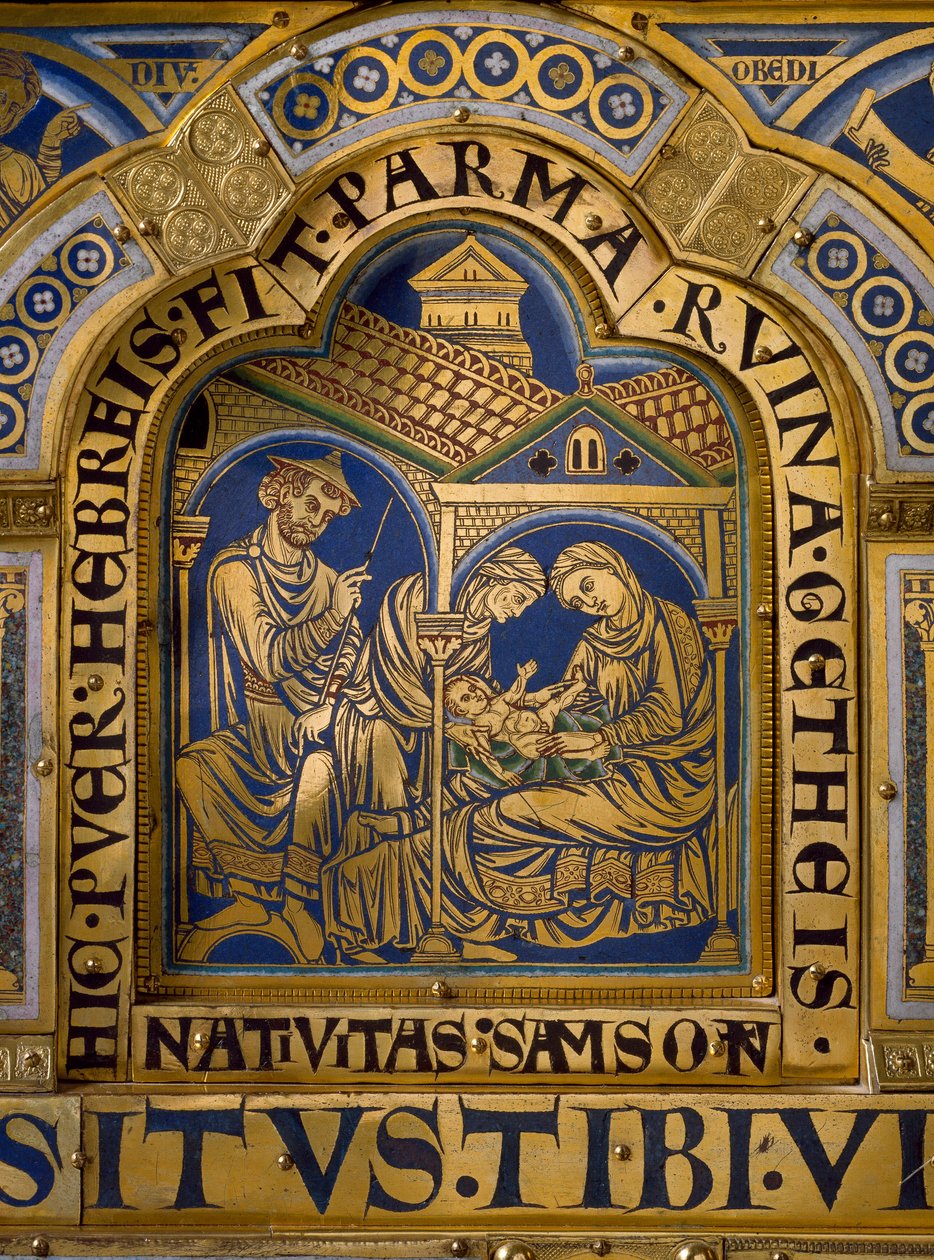 Verdun Altar made in gold and enamel by Nicolas de Verdun (ca.1130/50-1205): scenes from the Old and New Testament: detail representing the birth of Samson by Nicholas of Verdun