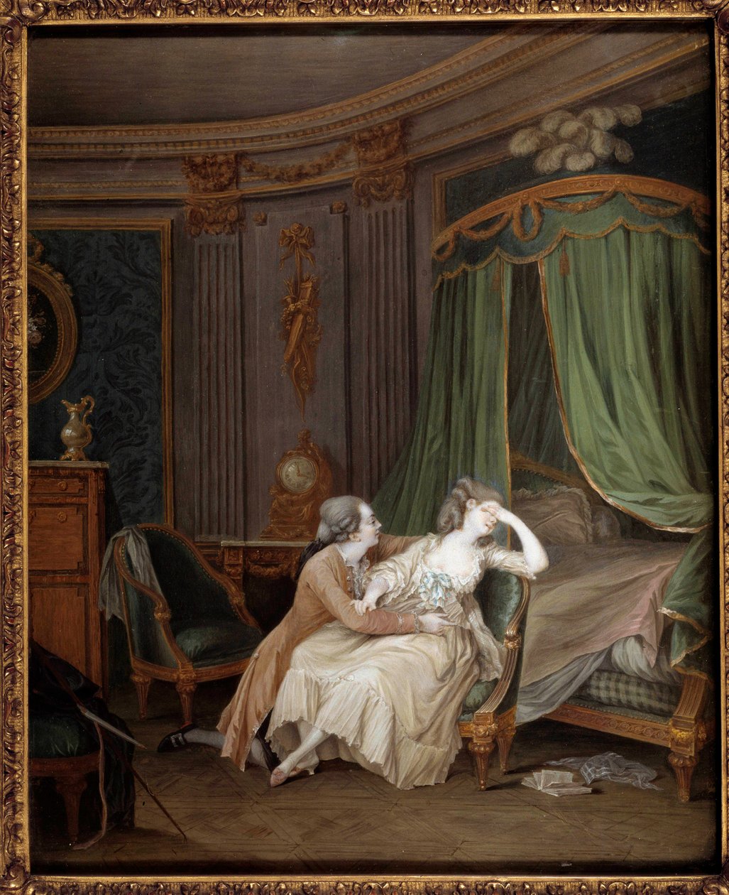 Late repentance: A man, probably confesses an infidelity to his fiancée who faints by Niclas II Lafrensen