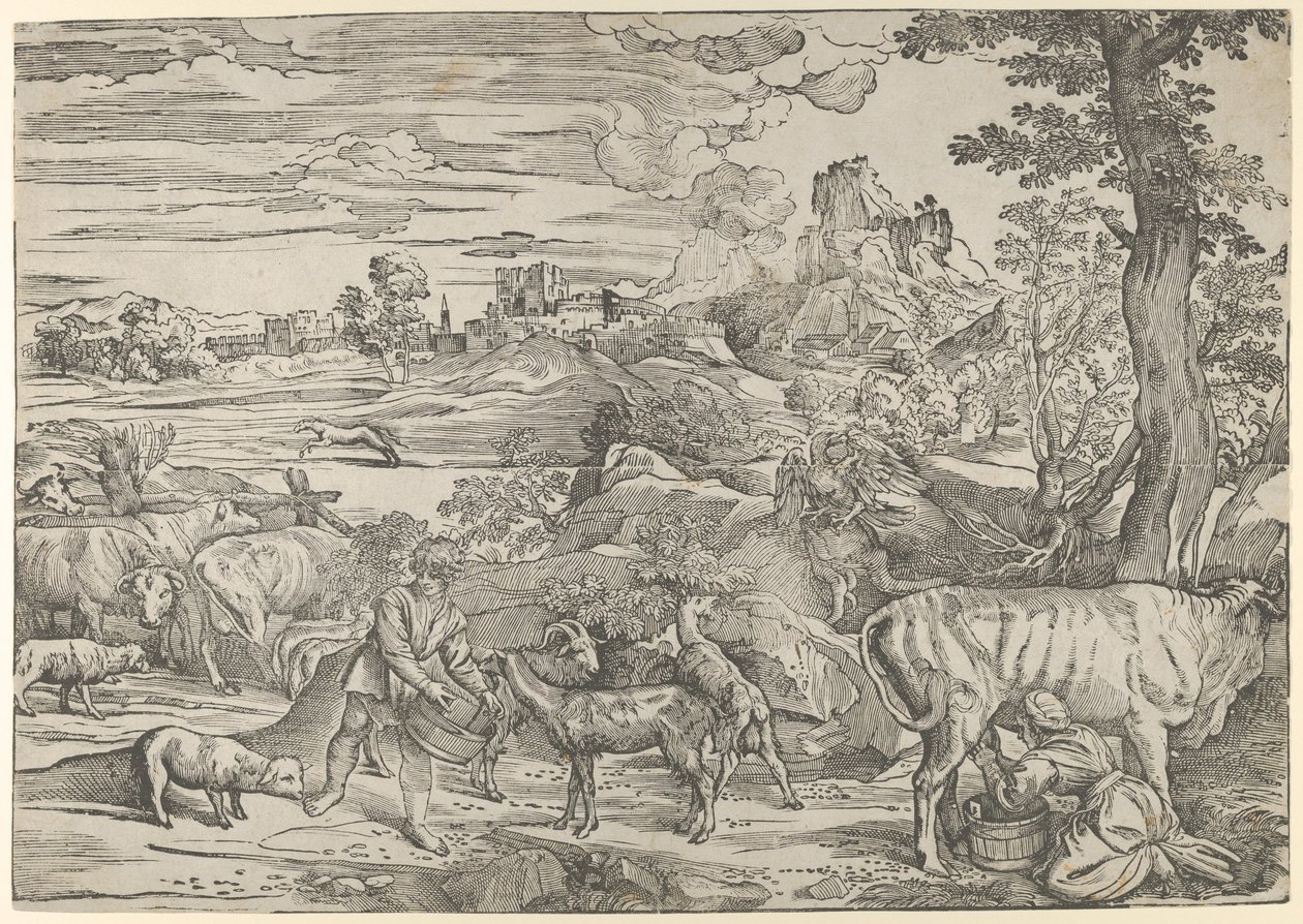 Landscape with a milkmaid at right and a boy at left by Nicolò Boldrini
