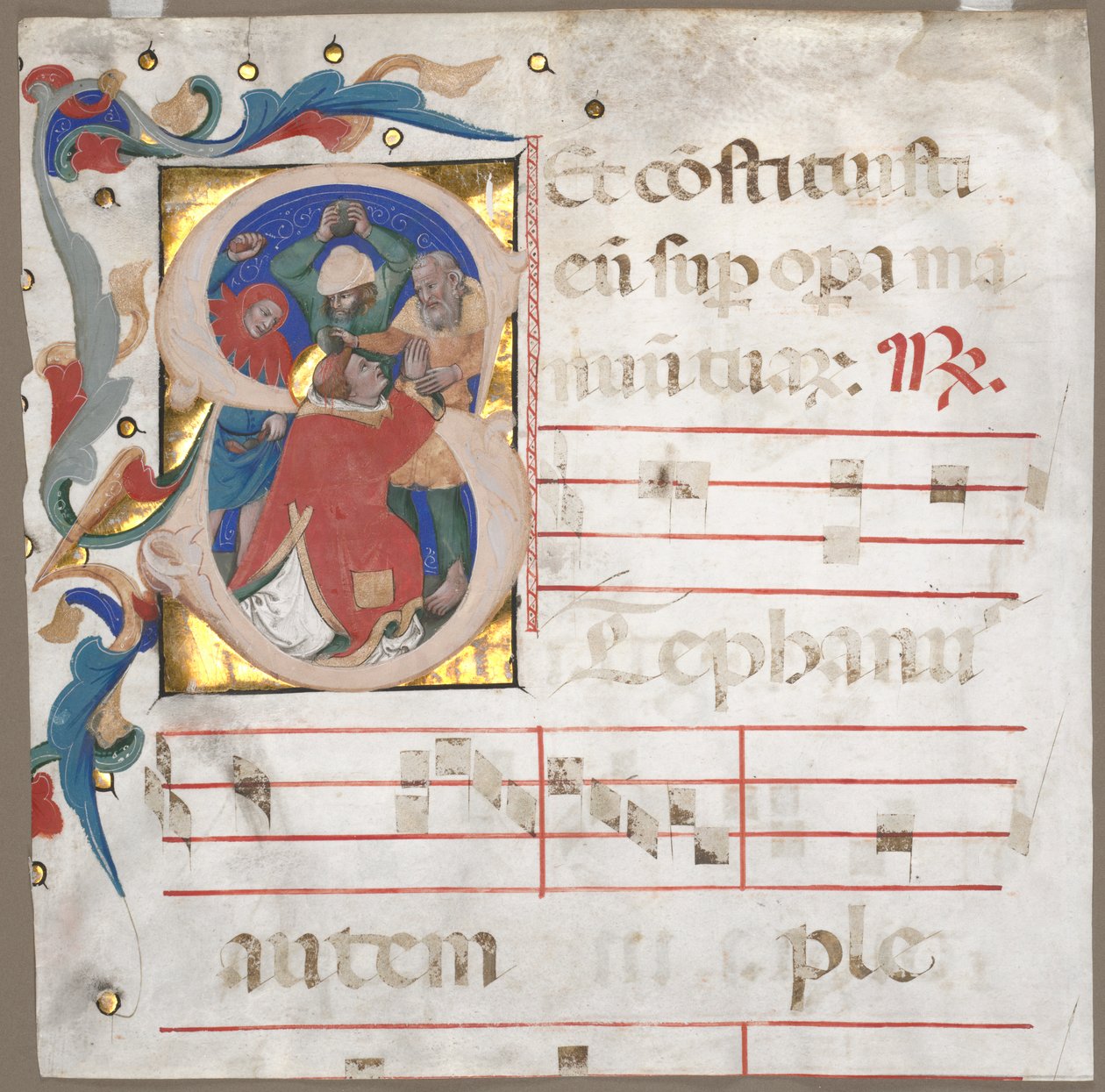 Fragment of an Antiphonary with Historiated Initial (S): The Stoning of St. Stephen by Nicolò da Bologna