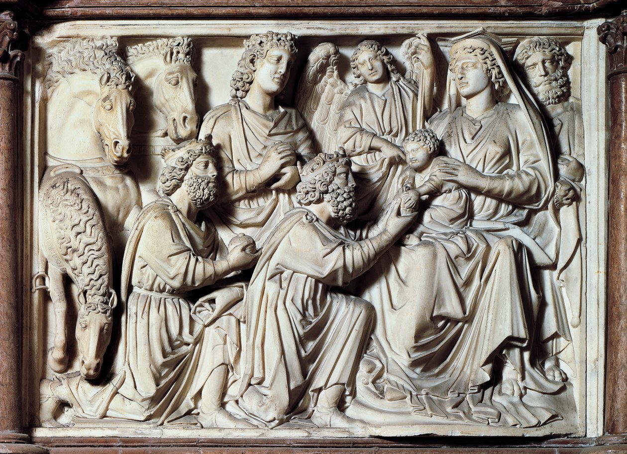 Adoration of Magi, tile from pulpit with scenes from life of Christ by Nicola Pisano
