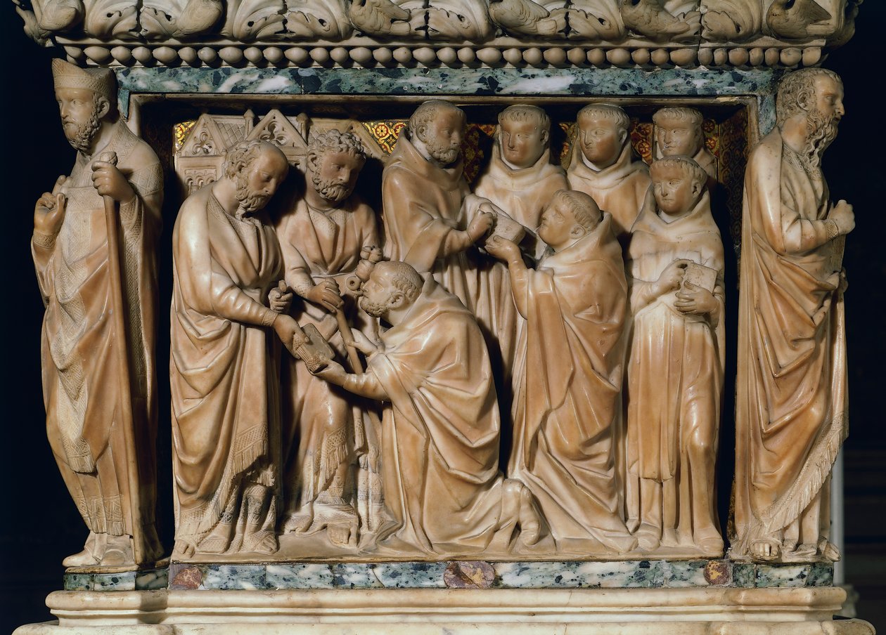 The Apostles Peter and Paul appear to Saint Dominic, decorative relief from Arca di San Domenico, marble, Chapel of San Domenico, Basilica of San Domenico, Bologna, Emilia-Romagna, Italy by Nicola Pisano