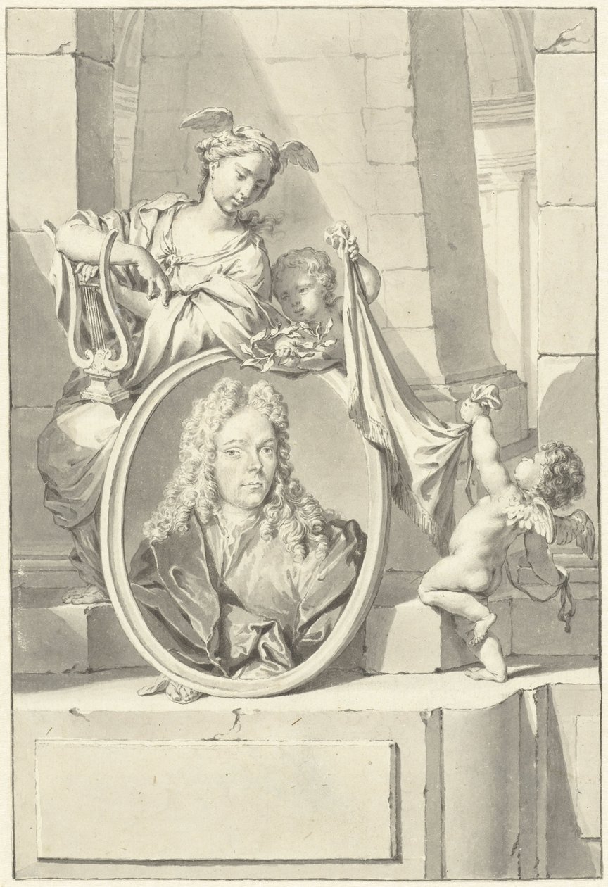 Putti and a Woman by a Medallion with the Portrait of Arnold Houbraken by Nicolaas Verkolje