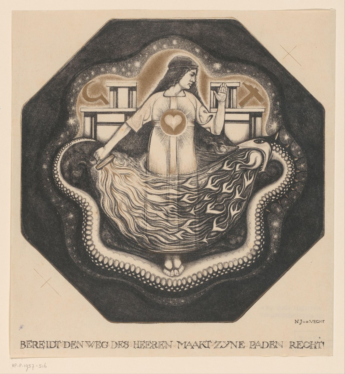 Woman with Heart and Torch on Fire-breathing Snake by Nicolaas van de Vecht