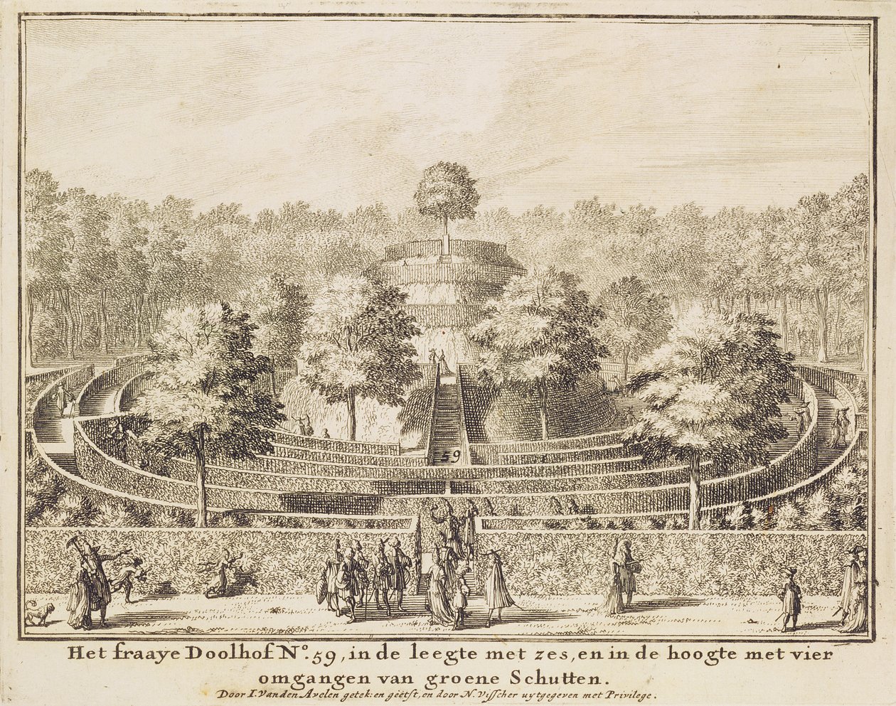 Topiary maze with four exits and a central mound, engraved by Johannes Van den Aveele by Nicolaes Jansz Visscher