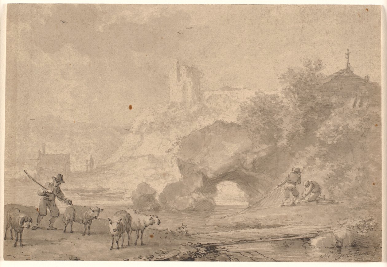 Shepherd and Fishermen in a Southern River Landscape by Nicolaes Berchem