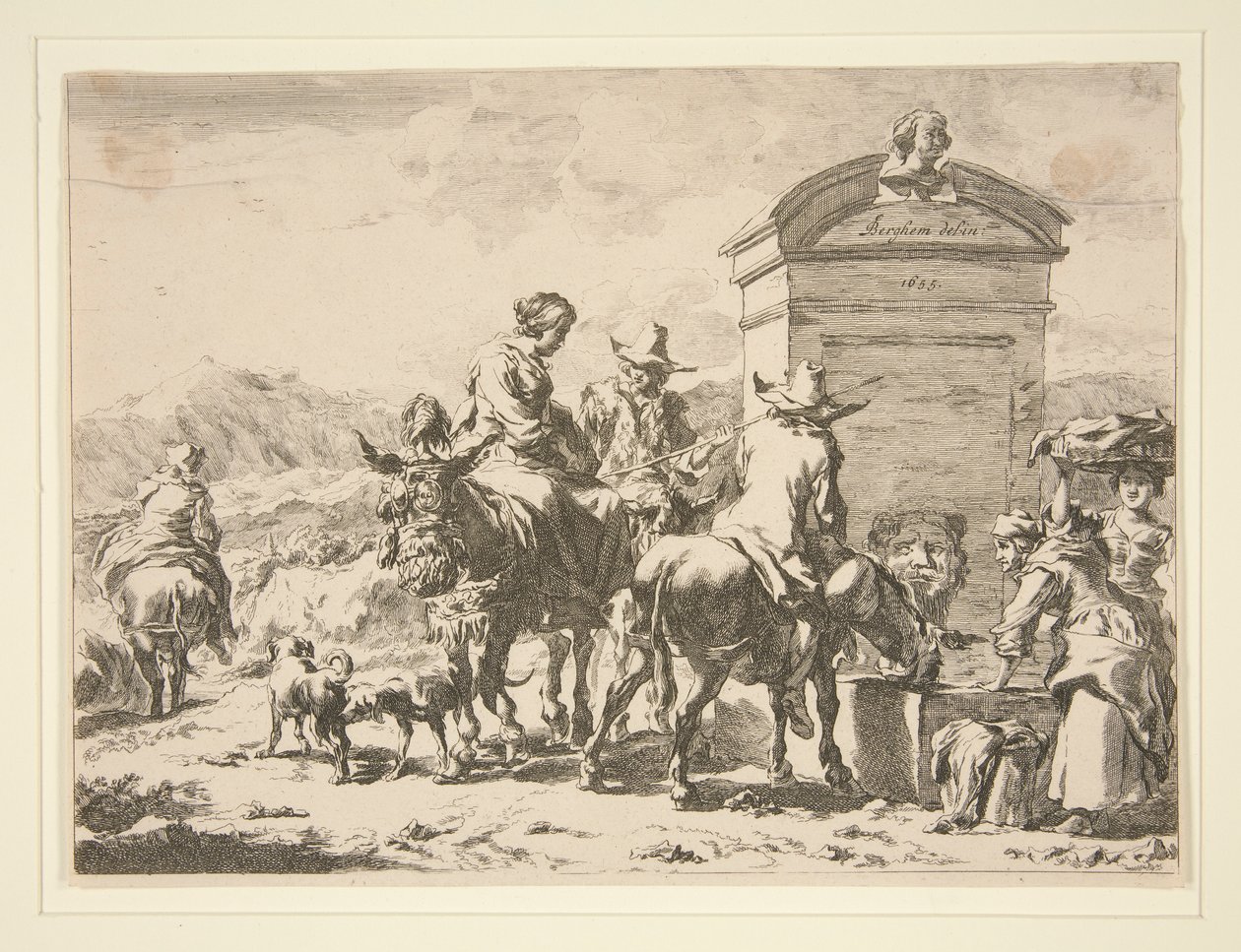 Untitled - Genre Scene with People on Donkeys and a Tombstone by Nicolaes Berchem