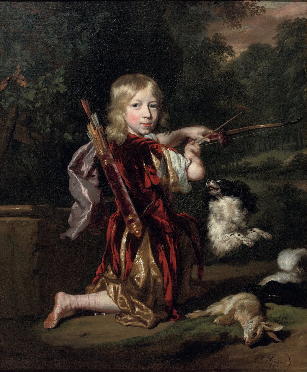 Portrait of a Boy, Full-length, in a Classical Style Costume, Drawing a Bow by Nicolaes Maes