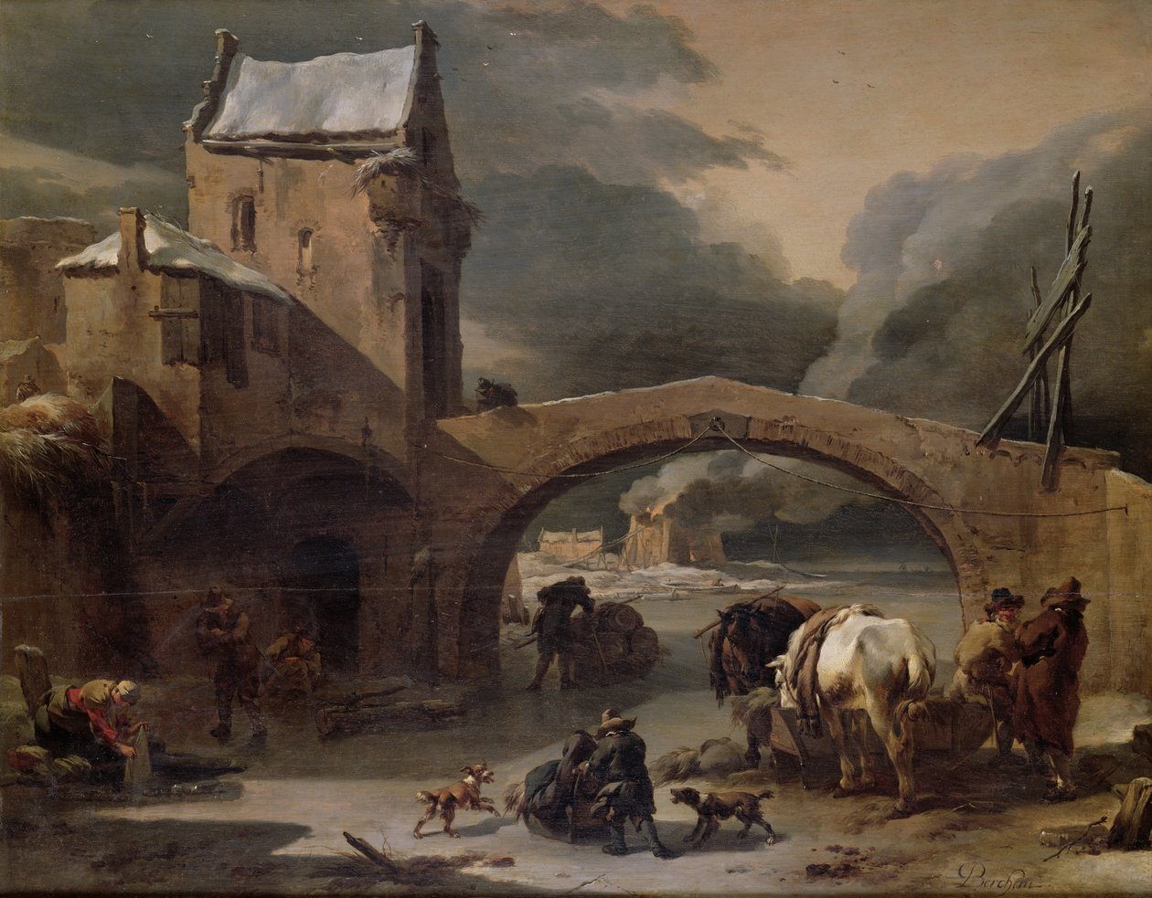 A Winter Landscape with Peasants and Horses on a Frozen Canal by a Fortified Bridge by Nicolaes Pietersz. Berchem