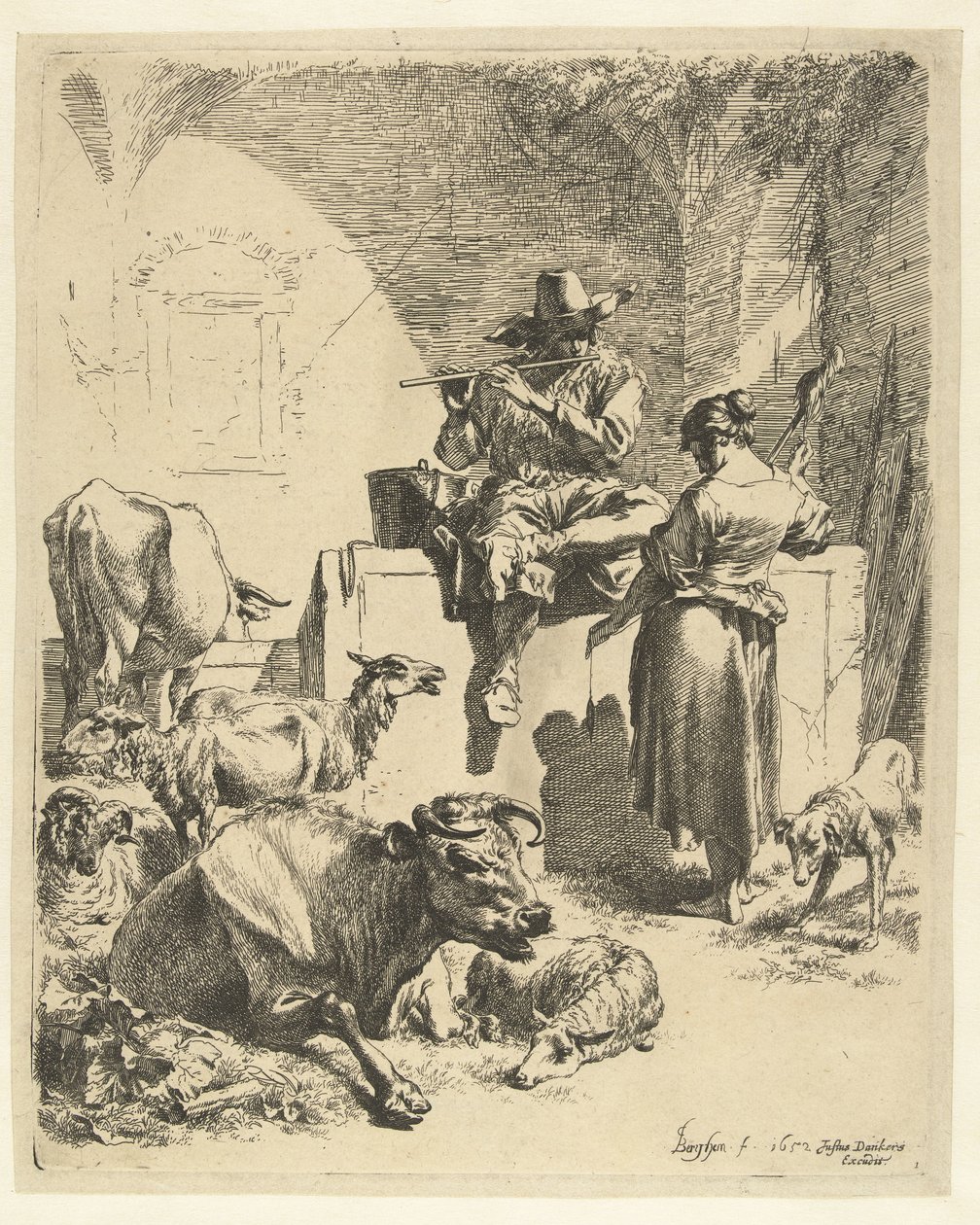 Shepherd Playing Flute and Spinner by Nicolaes Pietersz Berchem