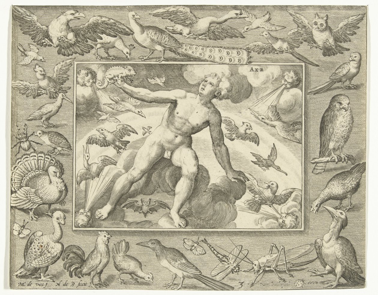 Element Air as a Young Man on Clouds Among Flying Birds by Nicolaes de Bruyn