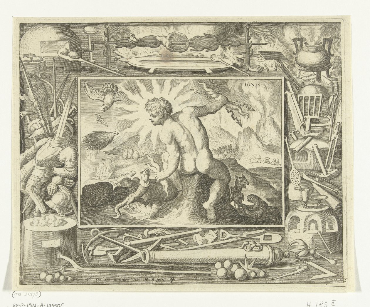Element Fire as a Young Man with Lightning Bolts, Ignis (title on object), The Four Elements (series title) by Nicolaes de Bruyn