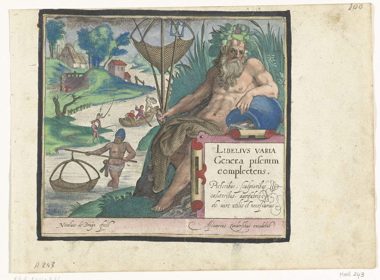 Title Page with Title and River God with Trident and Fishing Net in Landscape with Fishermen (Libelivs varia Genera piscium complectens) by Nicolaes de Bruyn
