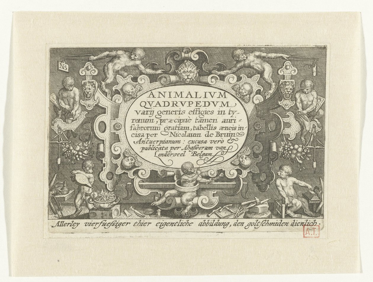 Title Print with Title in Cartouche Surrounded by Monkeys Working as Goldsmiths by Nicolaes de Bruyn