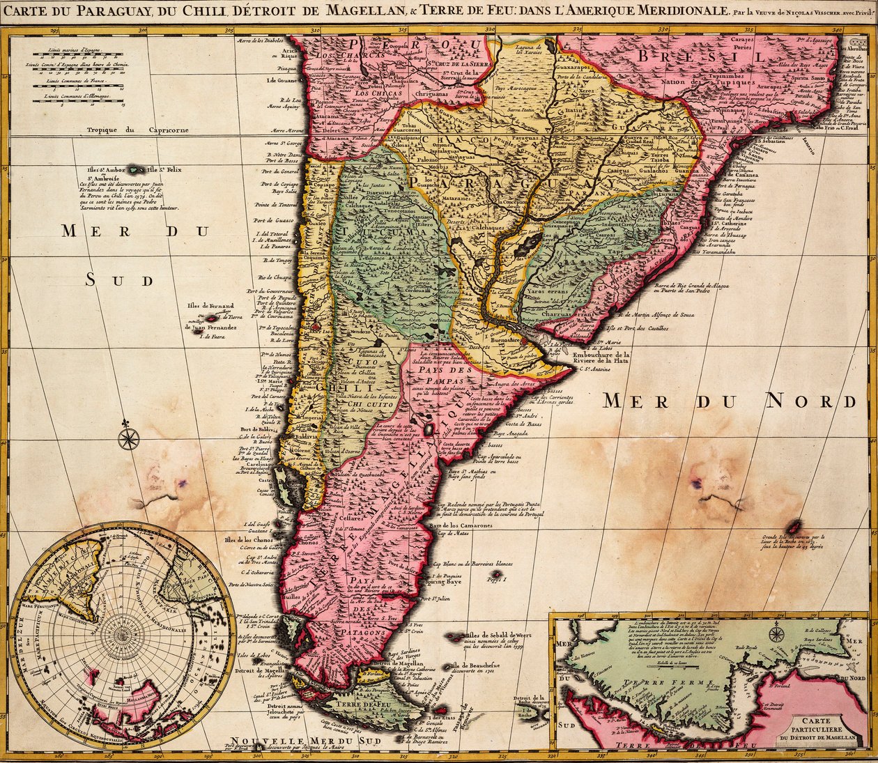 Chart of Paraguay, Chile, Straits of Magellan and Tierra del Fuego in South America by Nicolaes the Younger Visscher
