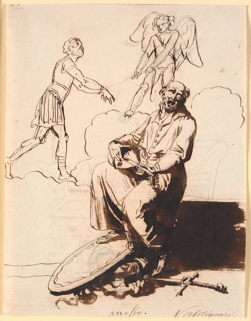 Ariosto, Sitting with a Lute, at His Feet Weapons, in the Background Cupid Dragging a Man by Nicolai Abildgaard