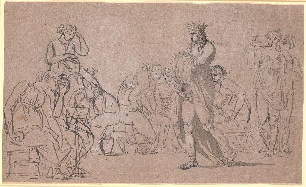 A Crowned Male Figure Showing His Genitals in the Midst of a Crowd of Sitting and Standing Women by Nicolai Abildgaard