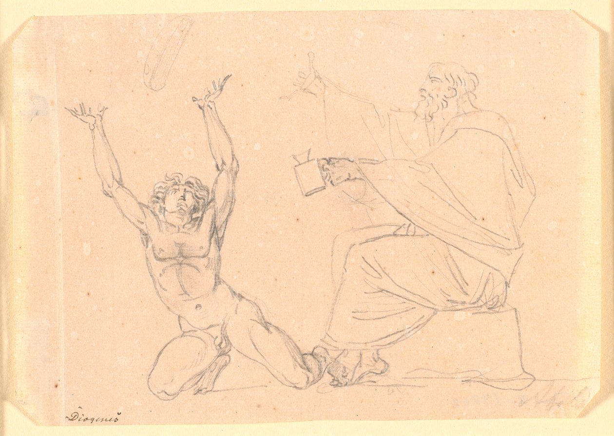 A Man Dressed in a Toga Sitting with a Lantern in His Left Hand, to His Left Kneels a Naked Man with Raised Arms by Nicolai Abildgaard