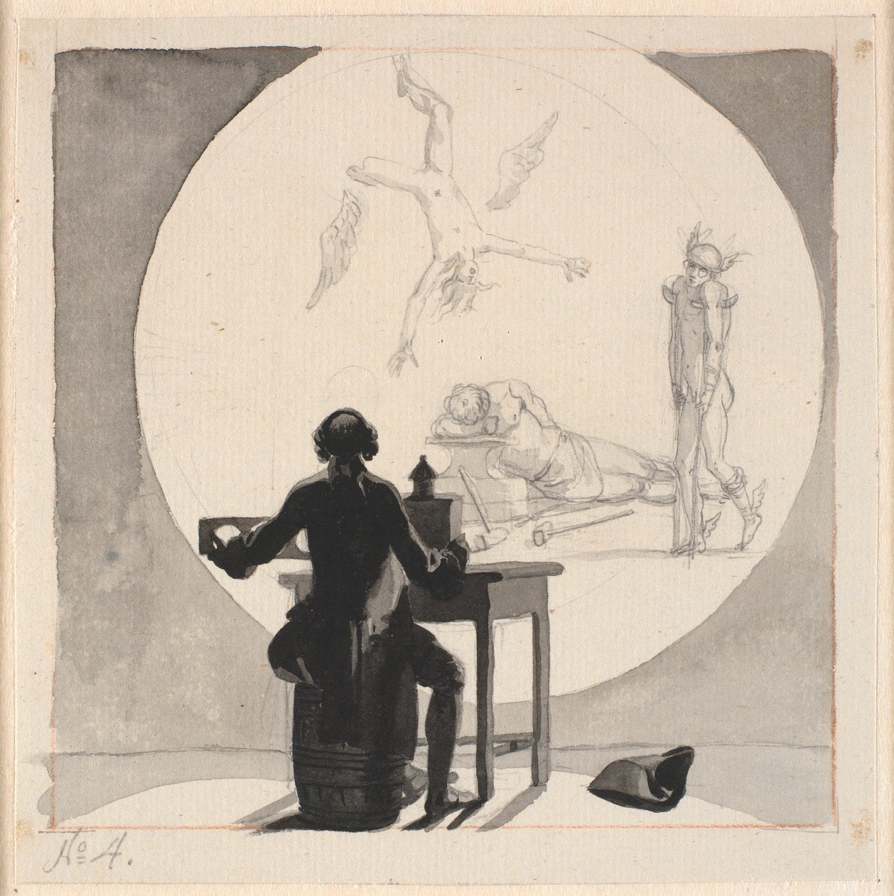 A Man with a Magic Lantern Shows a Picture of the Decline of Trade and Craftsmanship - the Lame Mercury, the Sleeping Vulcan etc. by Nicolai Abildgaard
