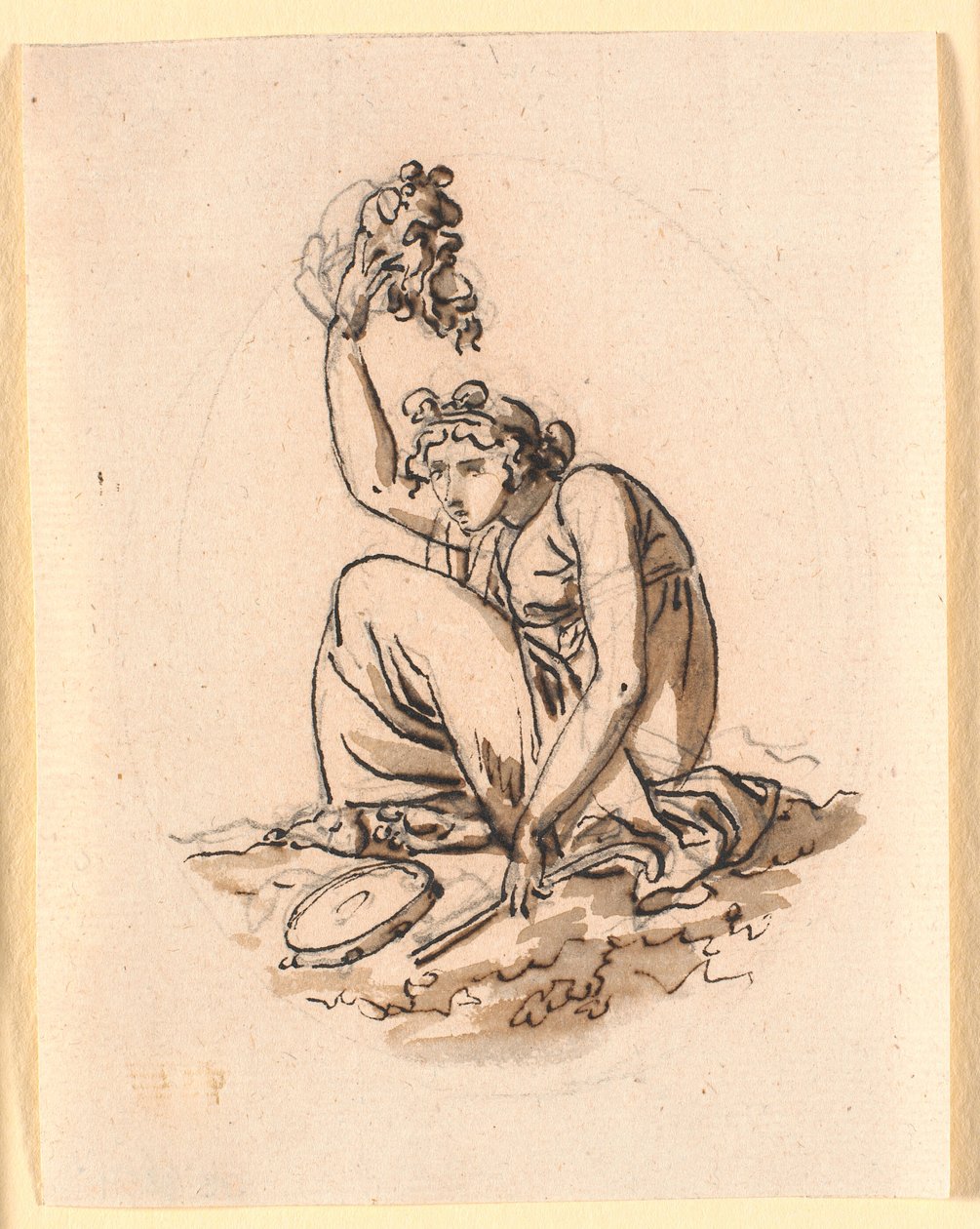 A Seated Woman Lifting a Mask High Above Her Head by Nicolai Abildgaard