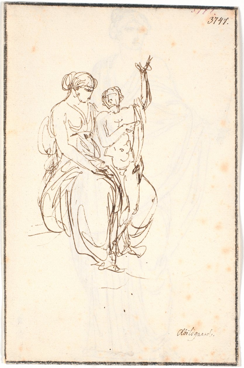 A seated young woman with a standing naked boy raising one arm by Nicolai Abildgaard