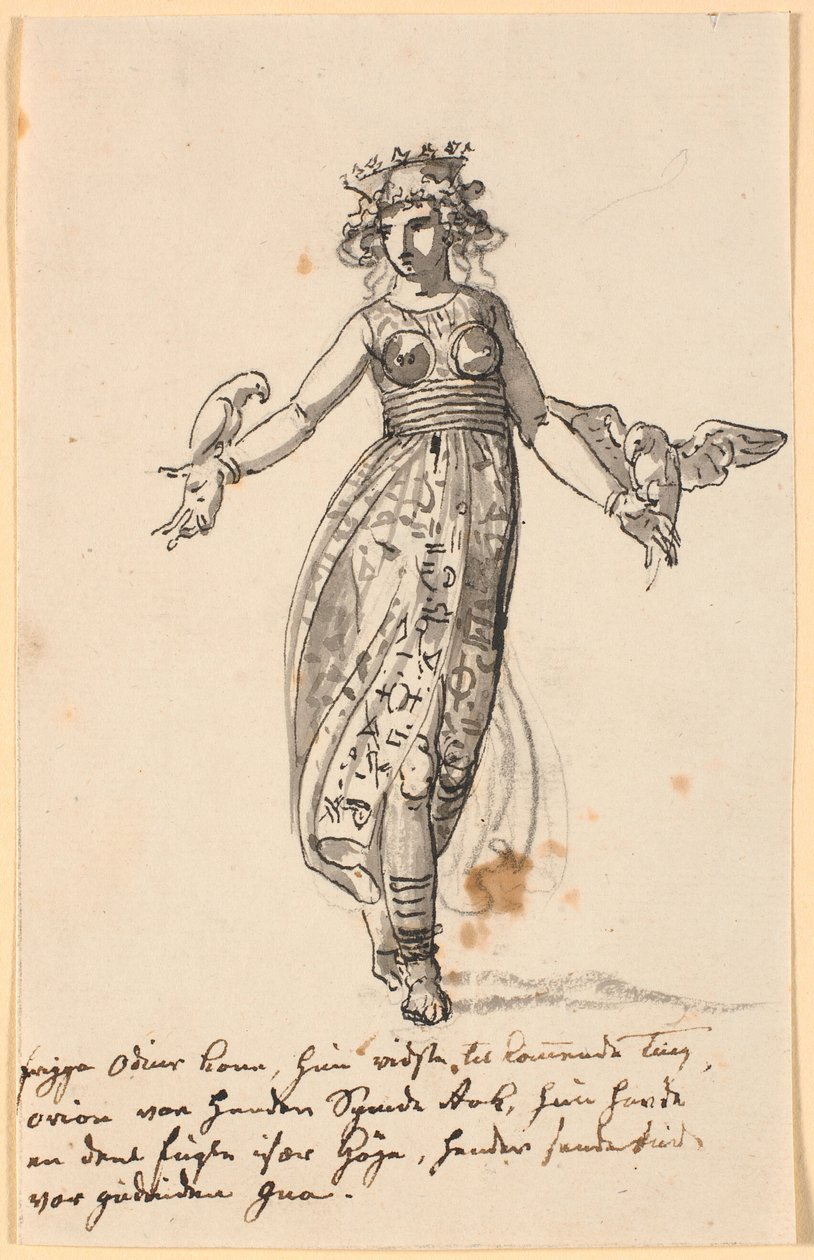 Frigga Walking with a Pair of Hawks on Outstretched Arms. Along with Some Lines of the Artist