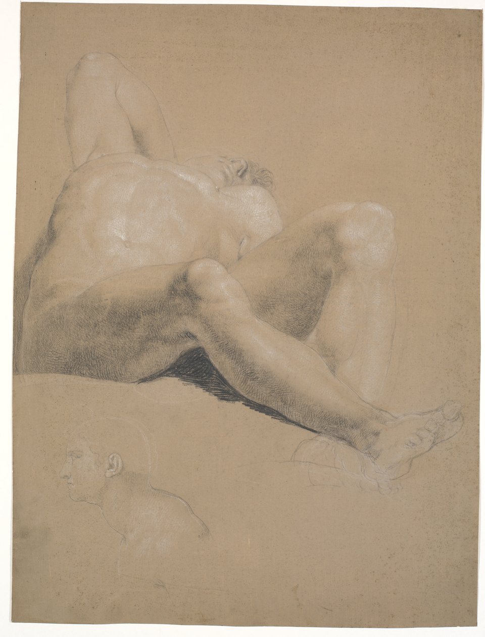 Half-Reclining Model. Right Arm Bent and Hand Hidden Under Head. Left Leg Bent. Right Leg Almost Extended. Lower Left Corner: Man