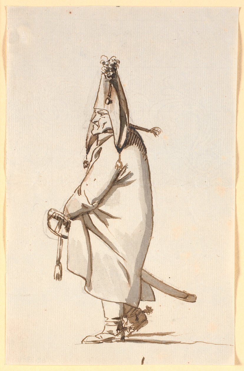 Caricature of a Military Person in a Long Cape, Riding His Saber as a Hobby Horse by Nicolai Abildgaard