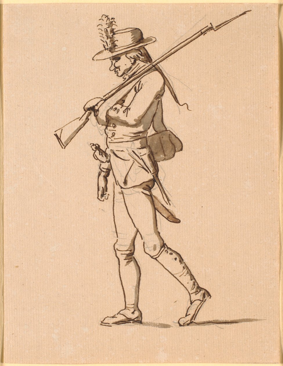 Caricature of a Soldier in Profile to the Left. His Left Arm is in a Sling but Still Carries a Rifle. by Nicolai Abildgaard