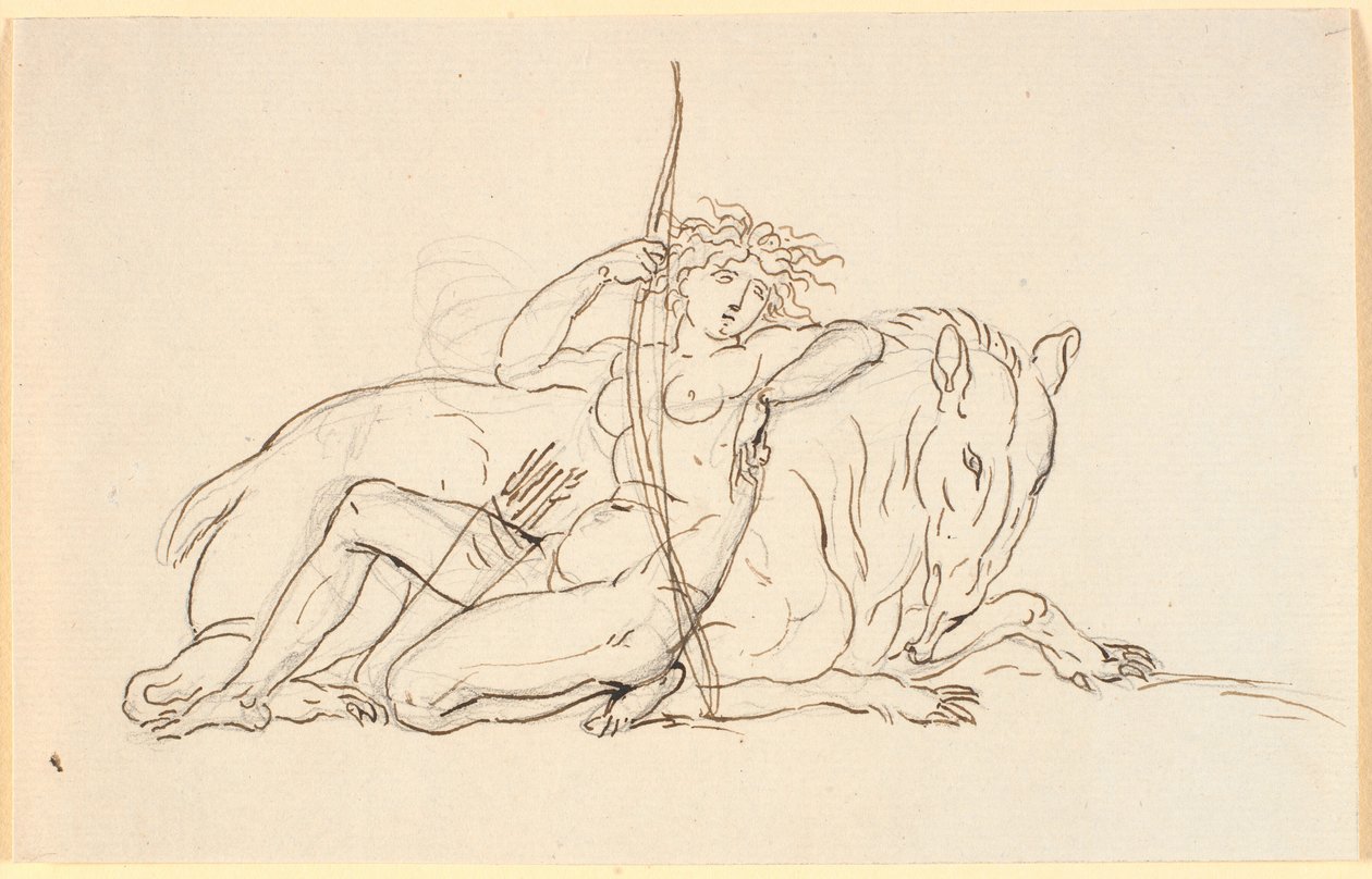 Female Figure with Arrows and Quiver, Sitting Leaning Against a Fantasy Animal (Possibly an Anteater). Allegory of America by Nicolai Abildgaard